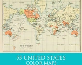 Pode incluir: Um mapa do mundo vintage de 1892, mostrando as fronteiras políticas do mundo naquela época. O mapa é intitulado "127 Mapas do Mundo em 1892" e é acompanhado por um mapa menor intitulado "Gráfico comercial do mundo na projeção de Mercator".