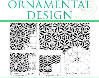 Pode incluir: Uma capa de livro com o título "3 Books in 1 Ornamental Design" e o subtítulo "The Anatomy of Pattern, The Planning of Ornament, The Application of Ornament". A capa apresenta um fundo verde com um símbolo de reciclagem verde e o nome do autor, "By Lewis F. Day".
