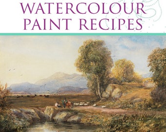 May include: A book cover with a watercolor painting of a landscape with a river, trees, and sheep. The title of the book is "English Masters Watercolor Paint Recipes". The subtitle is "Practical Hints on Materials and Manipulation". The book is compiled by Charles Wallis.