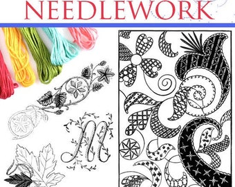 May include: A book cover with the title "Artistic Practical Needlework" in blue and white text. The cover features a black and white illustration of a floral design and a green recycling symbol. The book is part of the "Metropolitan Art Series" by J.Q. Reed & E.M. Lavin.