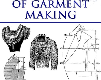 May include: A vintage book cover with the title "International Encyclopedia of Garment Making" in bold, blue and red lettering. The cover features three black and white illustrations of garment patterns and a green recycling symbol.