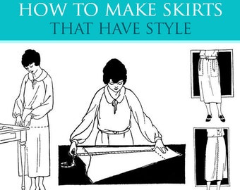 Pode incluir: Uma capa de livro vintage com uma ilustração em preto e branco de uma mulher medindo tecido. A capa é azul turquesa com o título "A Complete Course in Dressmaking Lesson V How to Make Skirts That Have Style" e o texto "A Complete Manual of Instruction By Isabel Denyse Conover".