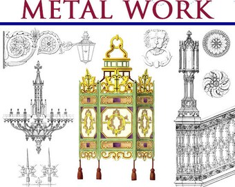 May include: A book titled "150 Examples of Georgian Ornamental Metal Work" by Henry Shaw. The cover features a detailed illustration of a green and gold lantern with intricate metalwork designs. The book is a collection of examples of Georgian metalwork, including chandeliers, gates, and railings.