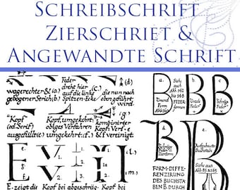 May include: A book cover with a blue background and white text that reads "SCHREIBSCHRIFT ZIERSCHRIET & ANGEWANDTE SCHRIFT DARGESTELLT VON EDWARD JOHNSTON". The cover features a green recycling symbol and black and white illustrations of letters and calligraphy.