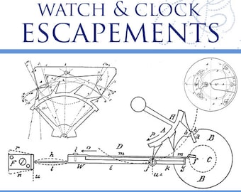 May include: A black and white illustration of a watch and clock escapement mechanism. The image includes detailed diagrams and labels, with text that reads "Antique Watch & Clock Escapements. A Complete Study in Theory and Practice of the Lever, Cylinder and Chronometer Escapements. Illustrated. Published by The Keystone."