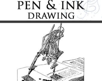 Pode incluir: Uma ilustração em preto e branco de um esqueleto usando duas canetas para desenhar em um livro. O livro está aberto e o esqueleto está em pé nas páginas. O texto "407 ILLUSTRATIONS" está abaixo da imagem. O texto "BY JOSEPH PENNELL N.A." está abaixo do texto "407 ILLUSTRATIONS".