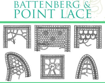 Può includere: Un libro intitolato "How to Make Battenberg & Point Lace" con una collezione di punti a pizzo e istruzioni di lavoro per pizzi intrecciati. La copertina presenta illustrazioni in bianco e nero di diversi punti a pizzo.