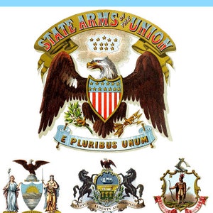RARE 1876 Illustrated Reference Book with 45 Colored Arms Of The States Of The Union Printable Scrapbooking Collage POD Instant Download
