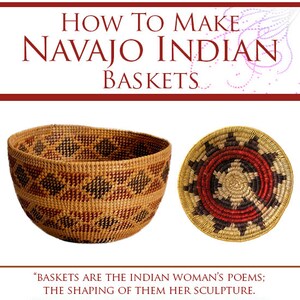 Puede incluir: Dos cestas navajas, una redonda y otra en forma de cuenco, con intrincados patrones tejidos en tonos marrones, rojos y negros. La cita "LAS CESTAS SON LOS POEMAS DE LA MUJER INDIA; LA FORMACIÓN DE ELLAS ES SU ESCULTURA. TEJIERON EN ELLAS LA HISTORIA DE SU VIDA Y SU AMOR." se muestra debajo de las cestas. El texto "POR LA ESCUELA NAVAJO DE CESTERÍA INDIA" está en la parte inferior de la imagen.