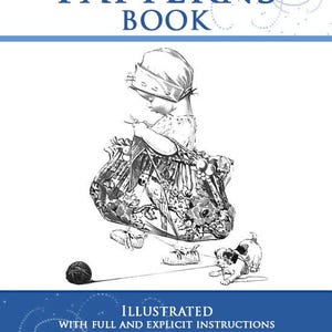 May include: A black and white illustration of a young girl knitting with a puppy by her side. The book cover features the title "75 Utopia Patterns Book" and the text "Illustrated with full and explicit instructions" and "By Utopia Yarns".