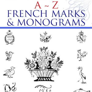Puede incluir: Portada del libro "A ~ Z FRENCH MARKS & MONOGRAMS" con ilustraciones en blanco y negro de marcas y monogramas franceses. La portada tiene un fondo azul con el texto "FRENCH EDITION" y "PAR RIS-PAQUOT".