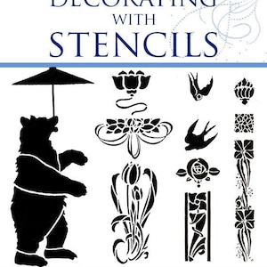 Puede incluir: Un libro titulado "Decorar con plantillas: Un método práctico de trabajo" de F.N. Vanderwalker. La portada presenta una silueta negra de un oso sosteniendo un paraguas, y varios diseños de plantillas que incluyen flores, pájaros y patrones geométricos.