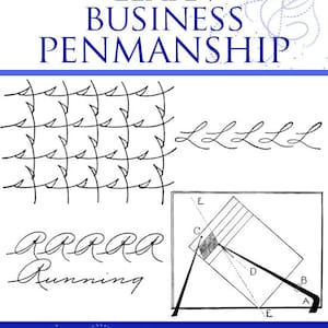 Peut inclure: Une couverture de livre vintage avec le titre "Learn Business Penmanship" en texte bleu et blanc. La couverture présente un symbole de recyclage vert et le texte "146 Lessons" et "By A. N. Palmer".