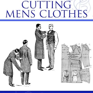 Puede incluir: Una portada de libro vintage con una ilustración en blanco y negro de dos hombres que se están tomando medidas para la ropa. El título del libro es "The Practical Guide to Cutting Mens Clothes" y el autor es "W. D. F. Vincent".