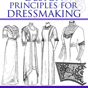 May include: Black and white illustration of four different dress designs from a book titled "Design Principles for Dressmaking" by Edith Cary Hammond. The book cover features a green recycling symbol on a purple background.