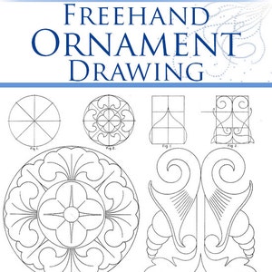 May include: A book cover with the title "Freehand Ornament Drawing" in black text on a blue background. The cover features black and white line drawings of geometric shapes and floral designs. The text "192 Design Templates" is below the drawings, and the author's name, "By Charles Armstrong", is at the bottom of the cover.