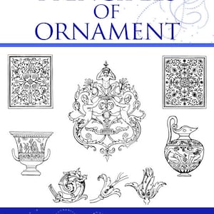 Puede incluir: Ilustraciones en blanco y negro de varios elementos decorativos, incluyendo un jarrón, una jarra, un diseño floral y un patrón geométrico. El título "Principios del Ornamento" y el texto "Ilustrado por James Ward" también son visibles.