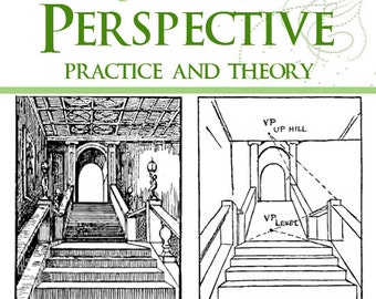 Pode incluir: Uma ilustração em preto e branco de uma escada com um teto abobadado. A ilustração é rotulada como "Perspectiva ilustrada, prática e teoria". O texto "A prática e a teoria da perspectiva aplicada a imagens, com uma seção que trata da arquitetura" também está incluído. O livro é de Rex Vicat Cole.
