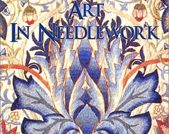 May include: Book cover with a blue and white floral design. The title is "Embroidery and Stitching Art in Needlework" and the subtitle is "For Students of Embroidery, Needleworkers, and Designers of Needlework".