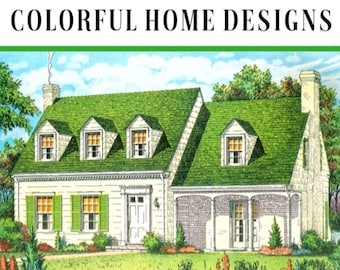 May include: A vintage book cover featuring a white house with a green roof and green shutters. The text on the cover reads "1935 Architectural Colorful Home Designs 45 House Designs & Home Floor Plans Published by Dimock, Gould & Co."