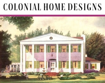 May include: A vintage illustration of a two-story colonial home with white columns and a purple exterior. The home has green shutters and a white roof. The home is surrounded by a lush green lawn and trees. The text "1940'S ARCHITECTURE COLONIAL HOME DESIGNS" is at the top of the image. The text "48 House Designs & Home Floor Plans" is at the bottom of the image. The text "Published by L. F. Garlinghouse Company Inc." is at the bottom of the image.