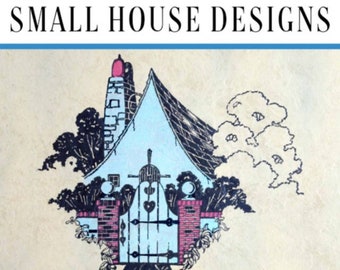 May include: A vintage book cover illustration featuring a blue and white house with a red roof and a brick gate. The text on the cover reads "1930 Architectural Small House Designs 50 House Designs & Home Floor Plans Homes Designed By R. C. Hunter Architect".