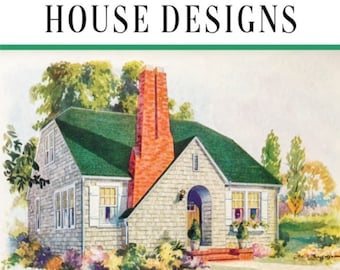 May include: A vintage book cover featuring a drawing of a small, one-story house with a green roof and a brick chimney. The house is surrounded by green grass and trees. The text on the cover reads "1930's Architecture House Designs" and "63 Floor Plans". The book was published by Montgomery Ward & Co.