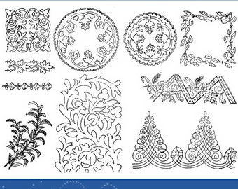 Pode incluir: Uma imagem em preto e branco de 10 padrões de bordado diferentes. Os padrões são para desenhos de bordado. O título do livro é "Rare Collection of 2000 Stamping Patterns" e o autor é "J.F. Ingalls".