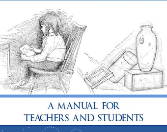 May include: A book cover with the title "FREE HAND DRAWING" in blue text. The cover features a black and white illustration of a person sitting in a chair drawing. The book is a manual for teachers and students. The cover also includes a green recycling symbol.