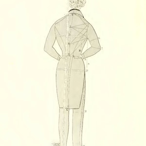 May include: A line drawing of a person wearing a coat and pants. The drawing is labeled with numbers and lines to show measurements for tailoring.