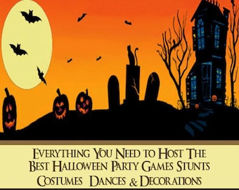 May include: A vintage book cover with an orange and yellow sunset background. The cover features a black silhouette of a haunted house, a graveyard, and bats flying in the sky. The title is "Halloween Costumes & Party Ideas" and the text below reads "Everything You Need To Host The Best Halloween Party Games Stunts Costumes Dances & Decorations". The bottom of the cover reads "Vintage Books".