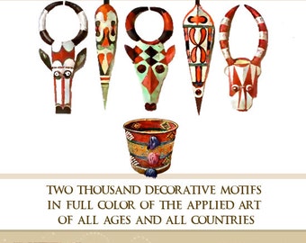 Pode incluir: Capa do livro intitulada "The History of Decorative Motifs" com ilustrações de máscaras decorativas e um cesto tecido. O texto diz "Two Thousand Decorative Motifs in Full Color of the Applied Art of All Ages and All Countries."