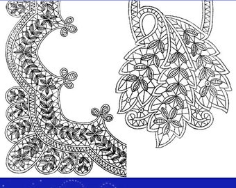 Può includere: Un'illustrazione in bianco e nero di due motivi di pizzo, intitolata "How to Make Point & Honiton Lace" e "Illustrated by Geo. W. States."
