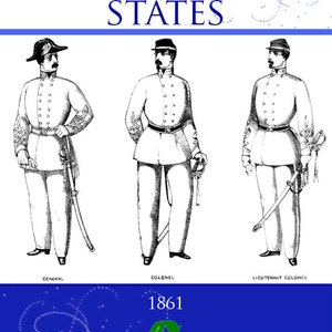 May include: A black and white illustration of three men in military uniforms. The men are wearing hats, jackets, pants, and boots. The men are holding swords. The image is titled "Uniforms of the Confederate States" and includes the text "1861" and "Adjutant and Inspector General's Office, Richmond, September 12, 1861."