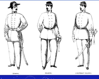 Può includere: Un'illustrazione in bianco e nero di tre uomini in uniforme militare. Gli uomini indossano cappelli, giacche, pantaloni e stivali. Gli uomini tengono delle spade. L'immagine è intitolata "Uniforms of the Confederate States" e include il testo "1861" e "Adjutant and Inspector General's Office, Richmond, September 12, 1861."