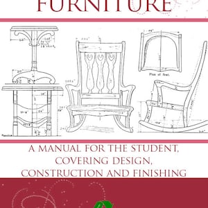 Pode incluir: Um desenho a preto e branco de uma cadeira de balanço e uma mesa pequena. O desenho inclui medidas em polegadas. O título "Craftsman Furniture" está no topo da página. O texto "A Manual for the Student, Covering Design, Construction and Finishing" está abaixo do desenho. O texto "By Paul D. Otter" está na parte inferior da página.
