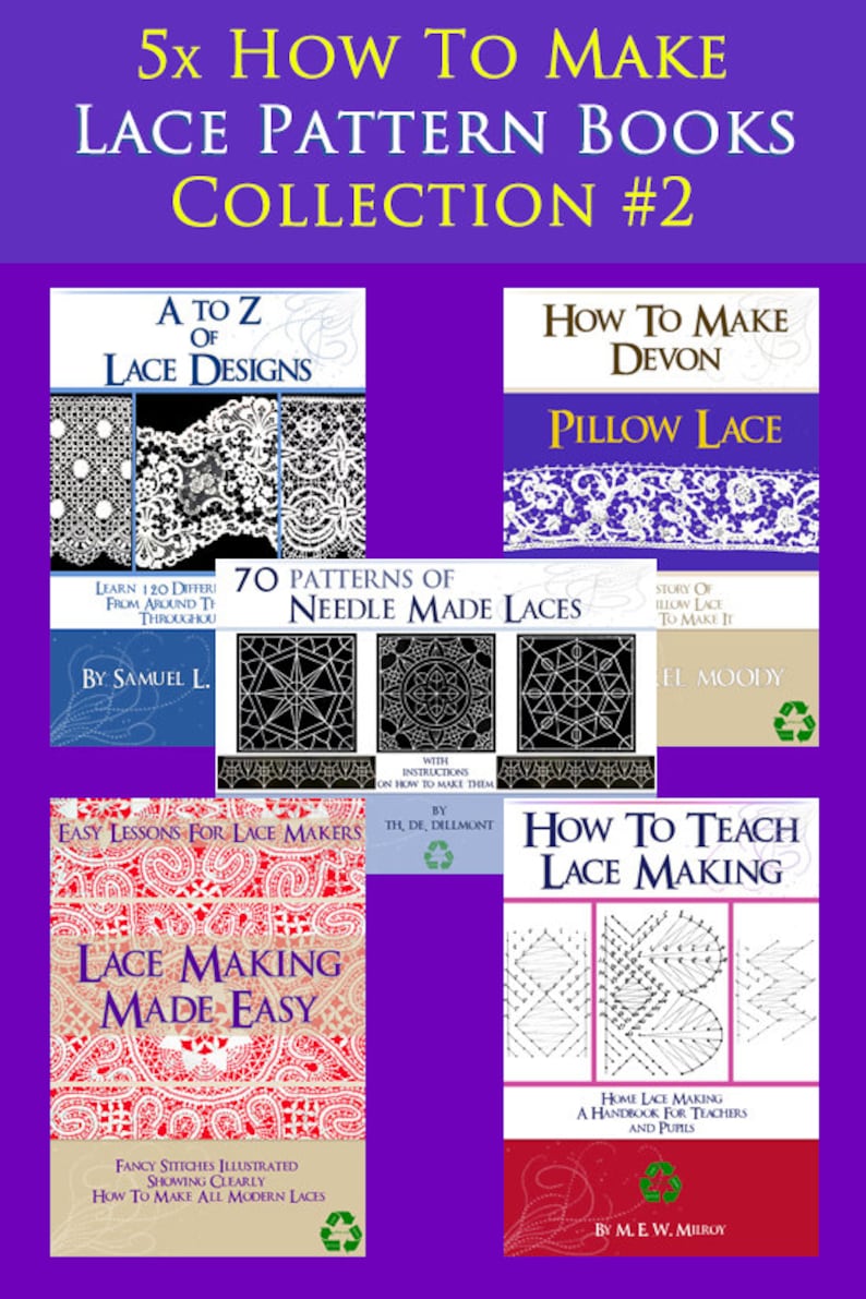 Pu&ograve; includere: Una collezione di cinque libri vintage sulla creazione di pizzi con copertine colorate e titoli come "A to Z of Lace Designs", "70 Patterns of Needle Made Laces", "How to Make Devon Pillow Lace", "Easy Lessons for Lace Makers" e "How to Teach Lace Making".