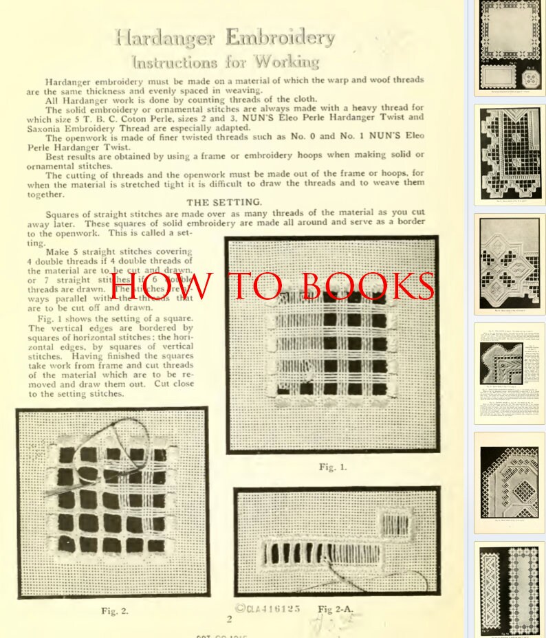Pu&ograve; includere: Una pagina di un libro vintage con istruzioni su come realizzare il ricamo Hardanger. La pagina include diagrammi e illustrazioni dei diversi punti e tecniche. Il testo sulla pagina recita "Hardanger Embroidery Instructions for Working" e "How To Books".