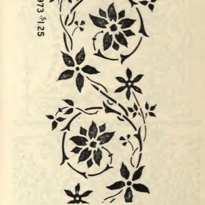 以下が含まれることがあります： 家の装飾のための黒と白のステンシルデザイン。デザインには、花柄の縁取りのある鳥、花柄のつる、波打つベースのあるチューリップの列が含まれています。ステンシルは、8+14インチ、13+30インチ、18+17インチです。