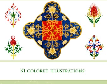 Può includere: Copertina del libro "FLORIATED ORNAMENT" con illustrazioni floreali colorate. Un motivo centrale ornato in blu, rosso e oro è circondato da motivi floreali più piccoli. Il testo include "31 COLORED ILLUSTRATIONS" e l'anno 1849.