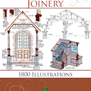 May include: A vintage book cover with a brown background and a green recycling symbol. The title is "The Practical Guide to Carpentry and Joinery" with 1800 illustrations. The book is edited by Paul N. Hasluck.