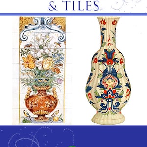 Könnte beinhalten: Ein Buchcover mit dem Titel "Old Dutch Pottery & Tiles" in blauer Schrift. Das Cover zeigt ein farbenfrohes Fliesenmuster mit Blumen und eine blau-weiße Vase mit Blumenmustern.
