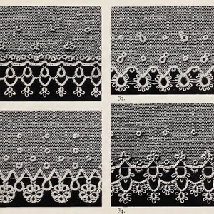 May include: Four black and white images of different lace patterns. The lace is white and the background is black. The lace patterns are intricate and detailed.