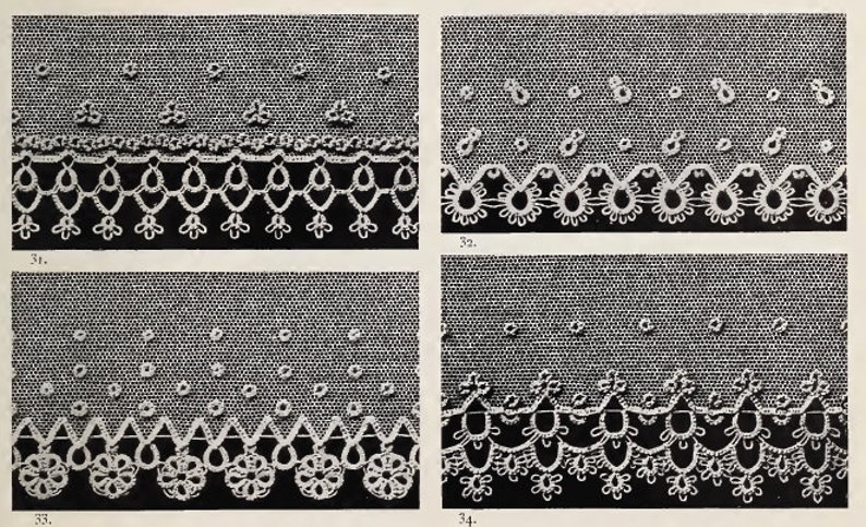 May include: Four black and white images of different lace patterns. The lace is white and the background is black. The lace patterns are intricate and detailed.