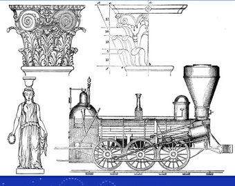 May include: Black and white illustration of architectural, engineering, and mechanical drawings. The drawings include a column, a decorative element, and a steam locomotive. The title of the book is "Architectural Engineering Mechanical Drawing Book Illustrated" with the author's name "By Robert Scott Burn" below the title.