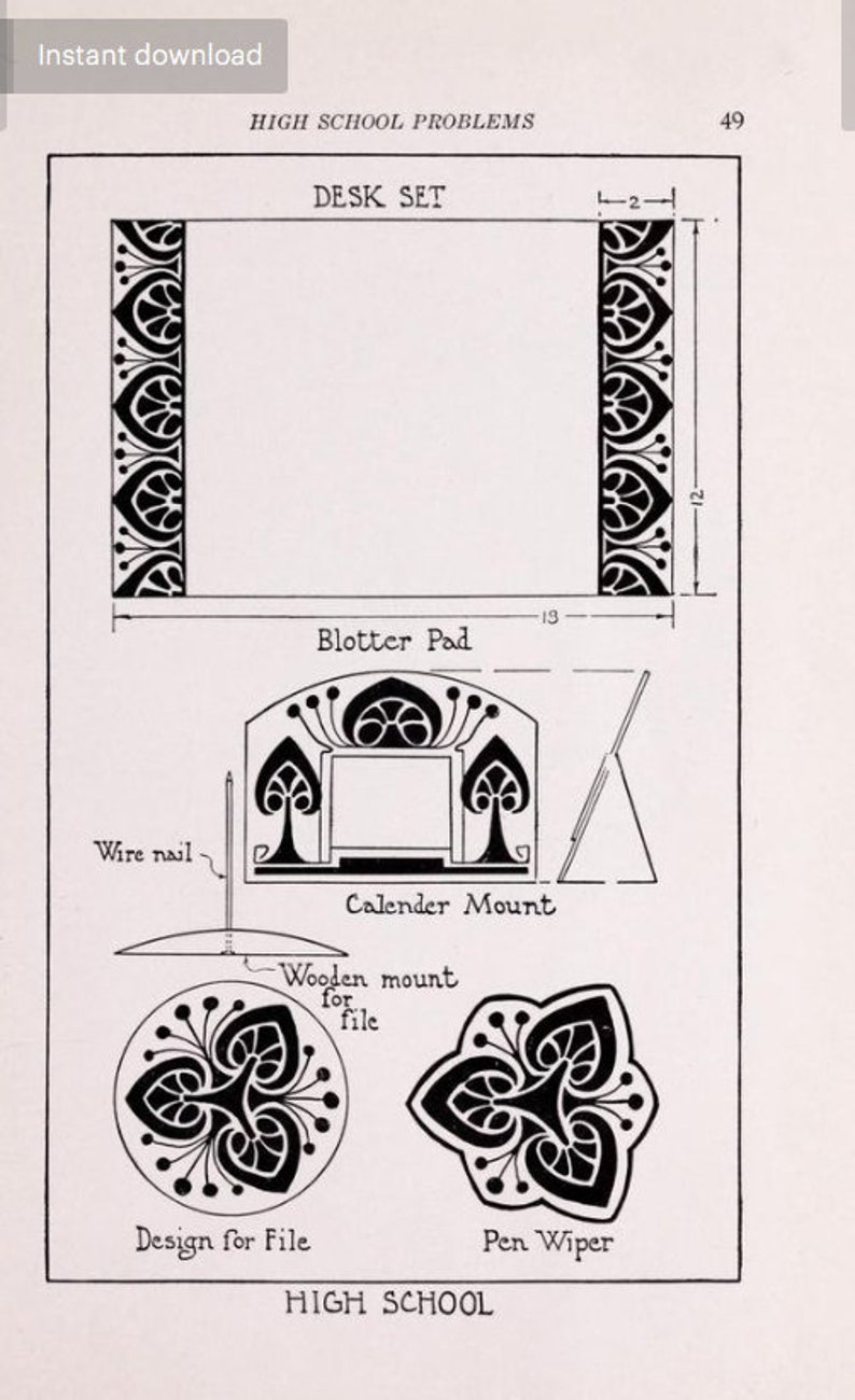 May include: A black and white illustration of a desk set with a blotter pad, calendar mount, pen wiper, and a design for a file. The design features a repeating pattern of stylized leaves and flowers.
