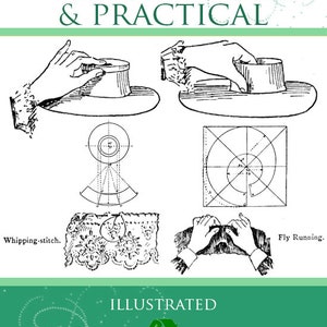 May include: A vintage book cover titled "MILLINERY THEORETICAL & PRACTICAL" with illustrations of hat-making. The cover includes diagrams, text, and the phrase "ILLUSTRATED BY C. HILL". The book has a green border.