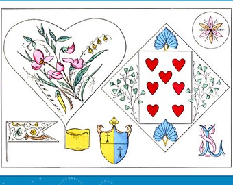 May include: A collection of French decoration templates featuring a heart with a floral design, a diamond shape with hearts, a shield with a cross, a banner with a floral design, and a letter L. The text "PAR ME L. ROUSSEAU" is at the bottom of the image.
