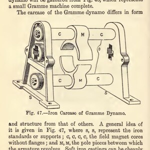 May include: An illustration from a vintage book shows a detailed diagram of an iron carcase of a Gramme dynamo. The diagram includes labels and annotations, with the text "Fig. 47. Iron Carcase of Gramme Dynamo."