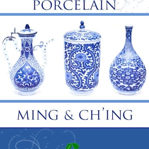 May include: A book cover featuring three blue and white Chinese porcelain pieces: a pitcher, a jar with a lid, and a vase. The title of the book is "Chinese Pottery & Porcelain: Ming & Ch'ing" by R.L. Hobson, B.A.